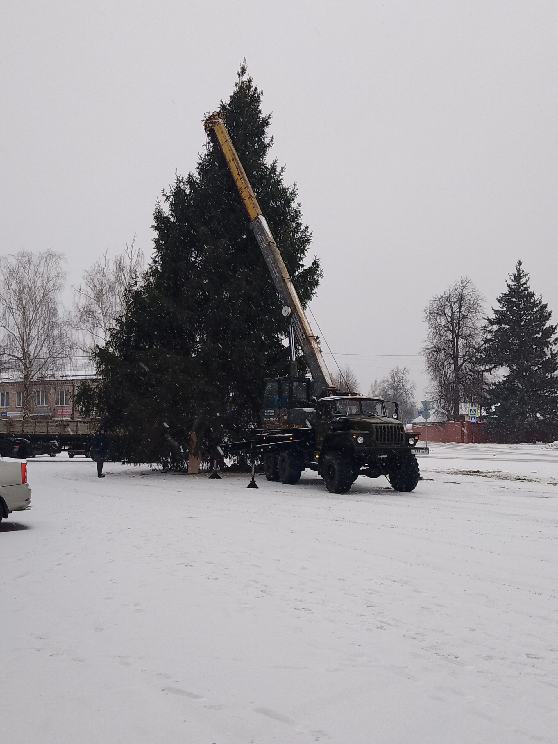 Сегодня на центральной площади п. Локоть устанавливают елку