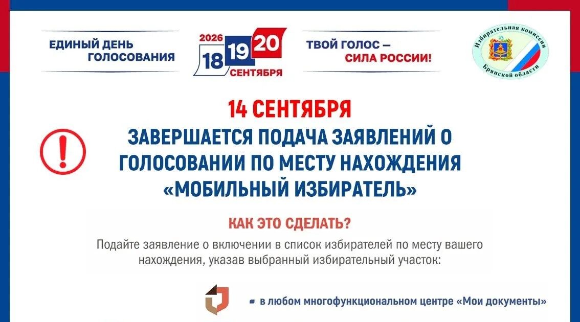 14 сентября 2026 года последний день подачи заявлений о голосовании по месту нахождения